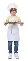 Photo of Little boy with donuts pretending to be pastry chef on white background. Dreaming about future profession