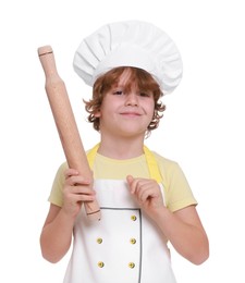 Photo of Little boy with rolling pin pretending to be chef on white background. Dreaming about future profession