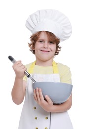 Photo of Little boy with bowl and whisk pretending to be chef on white background. Dreaming about future profession