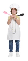 Photo of Little boy with utensils pretending to be chef on white background. Dreaming about future profession