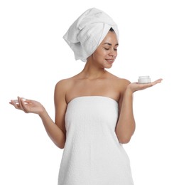 Photo of Beautiful woman with jar of cream on white background