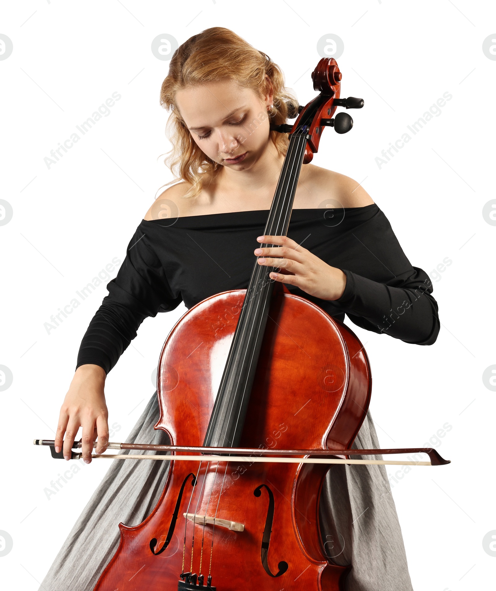 Photo of Beautiful young woman playing cello on white background