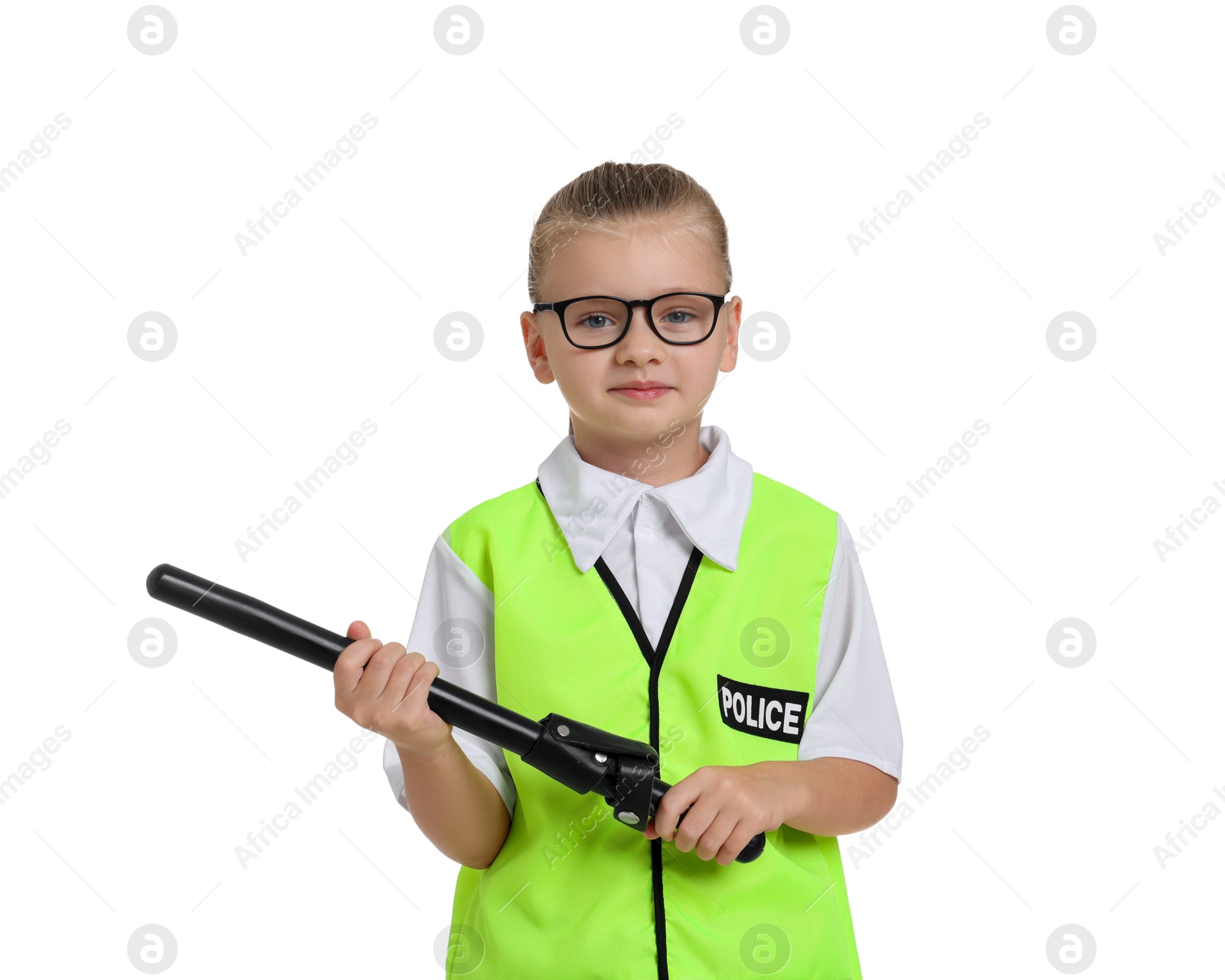 Photo of Little girl with baton pretending to be policewoman on white background. Dreaming of future profession