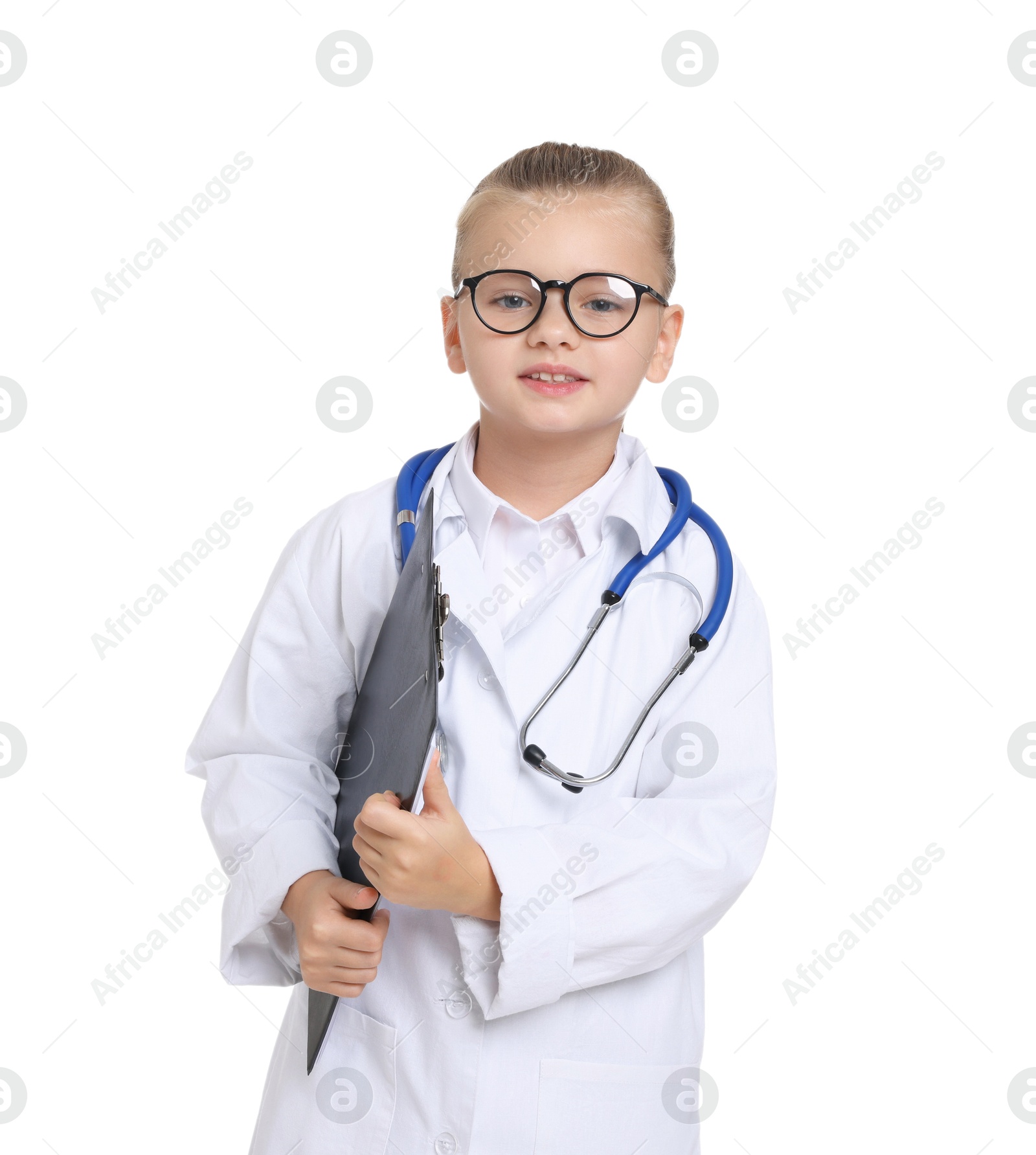 Photo of Little girl with stethoscope and clipboard pretending to be doctor on white background. Dreaming of future profession