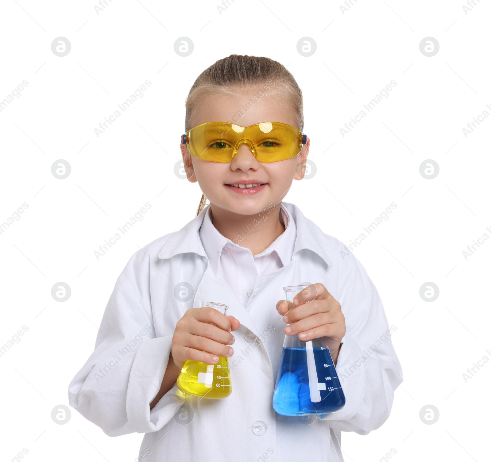 Photo of Little girl with glassware pretending to be scientist on white background. Dreaming of future profession