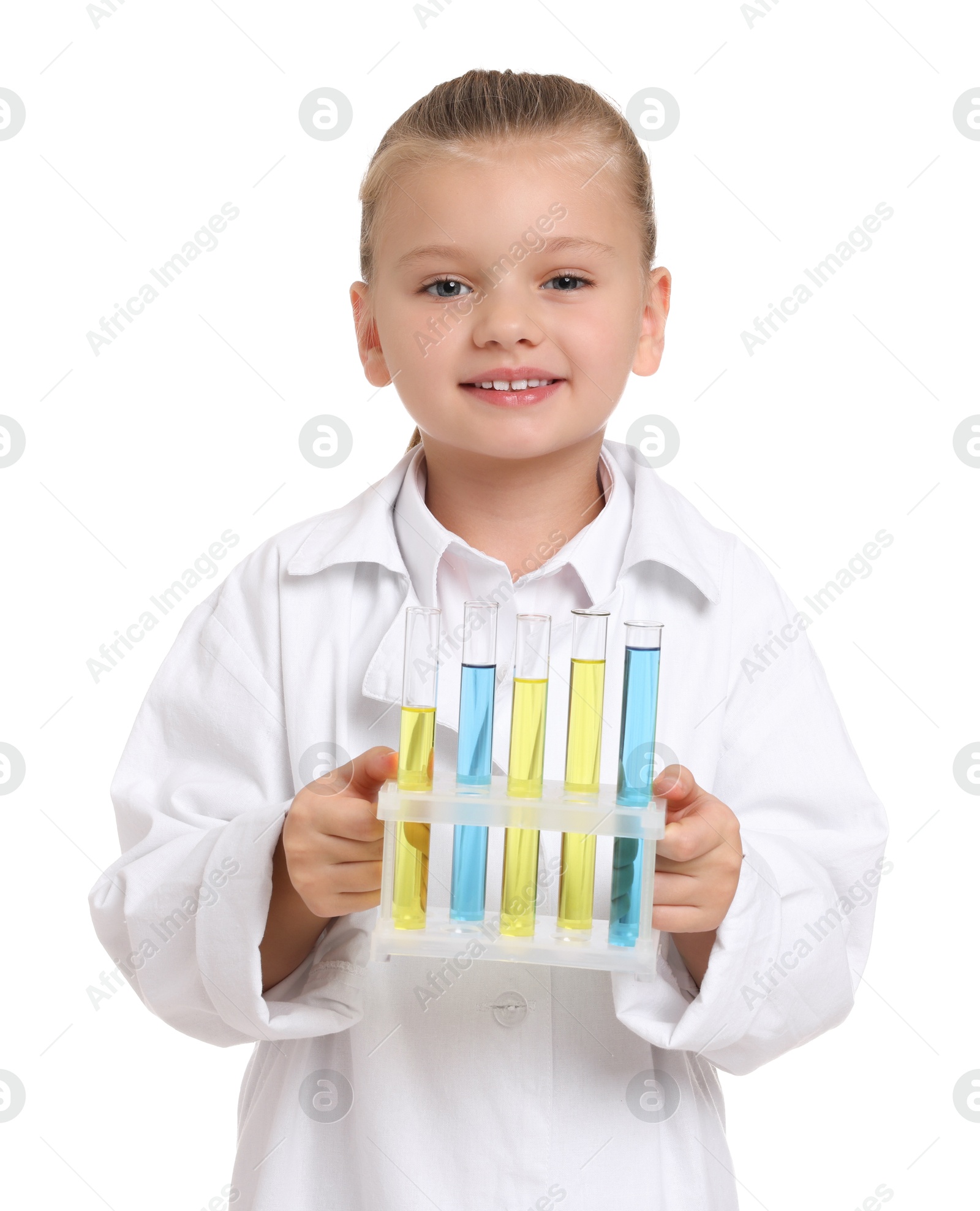 Photo of Little girl with test tubes pretending to be scientist on white background. Dreaming of future profession