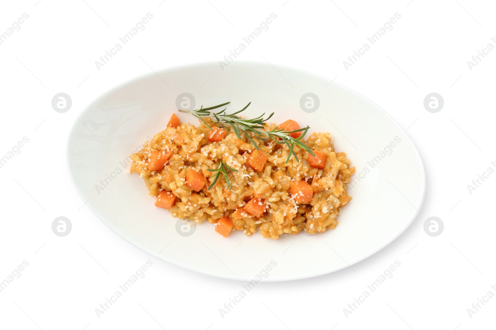 Photo of Delicious pumpkin risotto in bowl isolated on white, top view