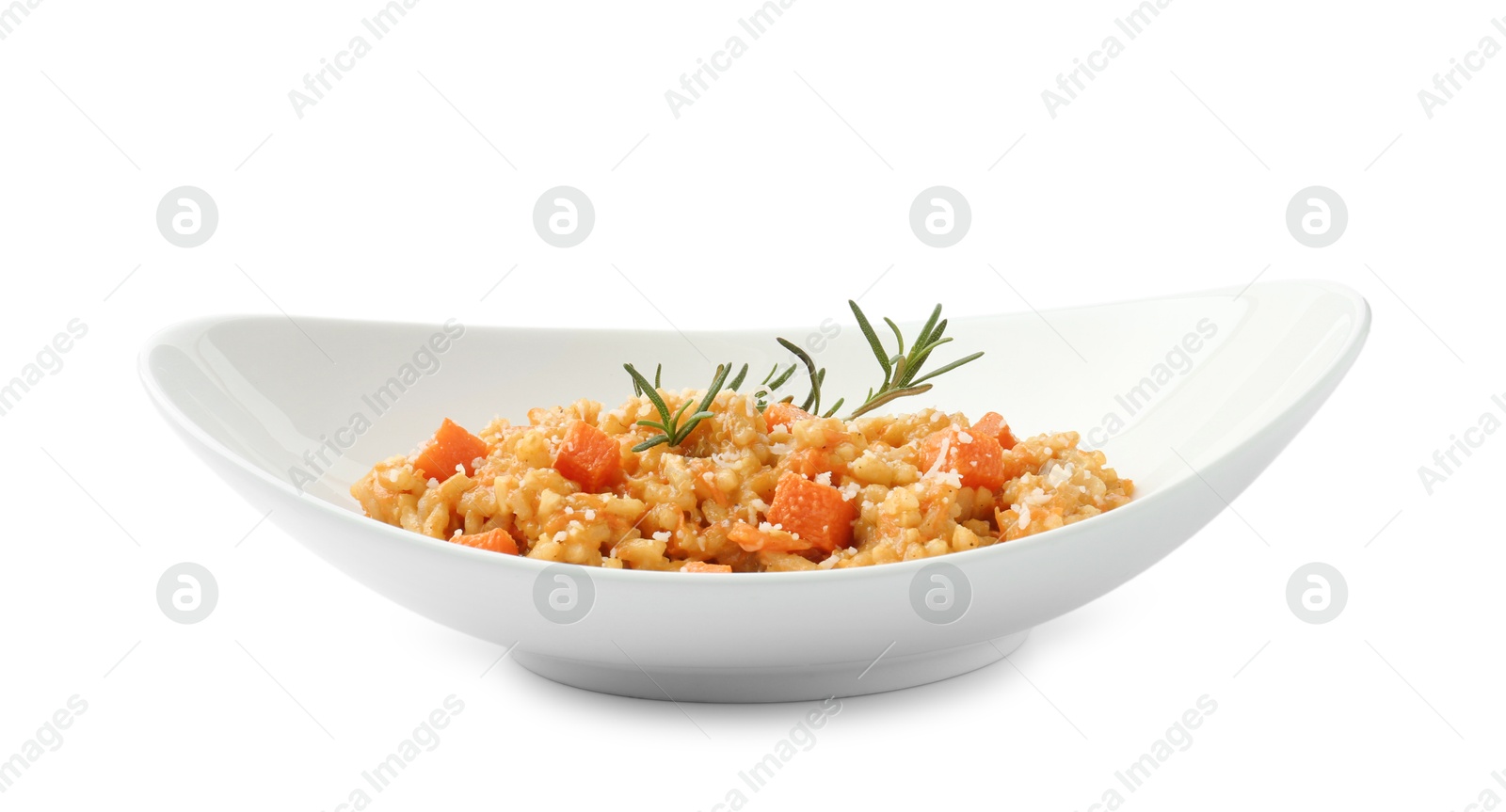 Photo of Delicious pumpkin risotto in bowl isolated on white