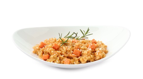 Photo of Delicious pumpkin risotto in bowl isolated on white