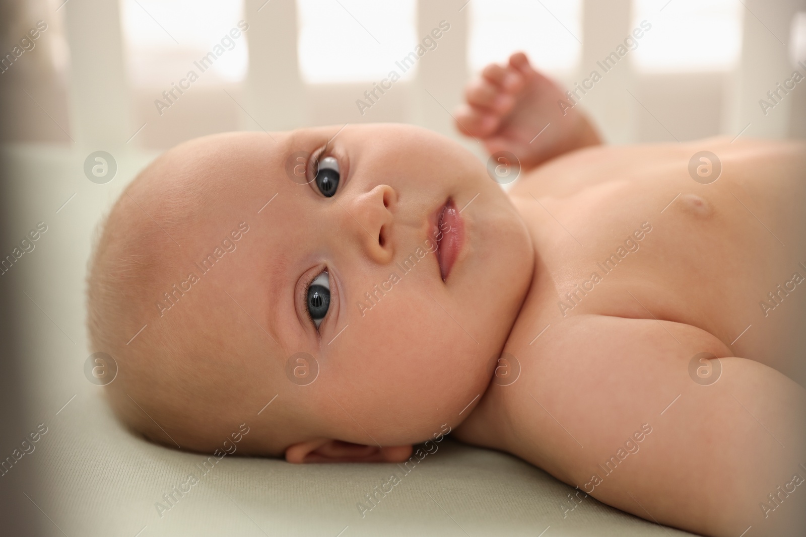 Photo of Cute little baby lying in crib indoors