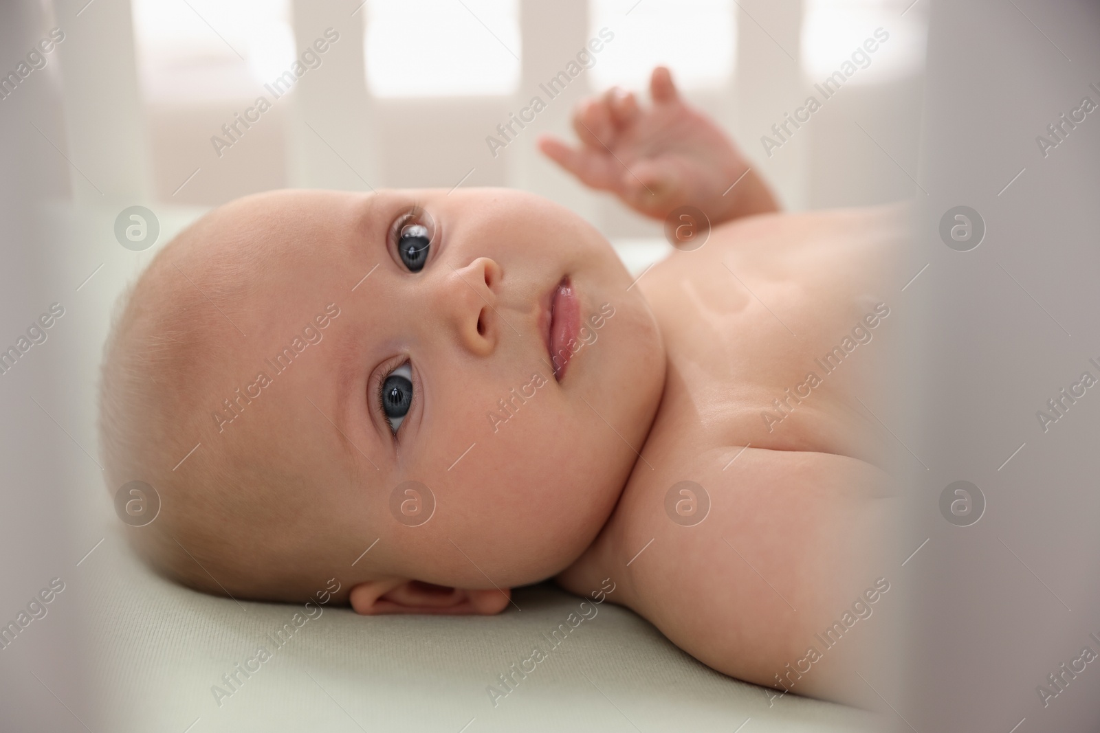 Photo of Cute little baby lying in crib indoors