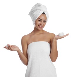 Photo of Beautiful woman with jar of cream on white background