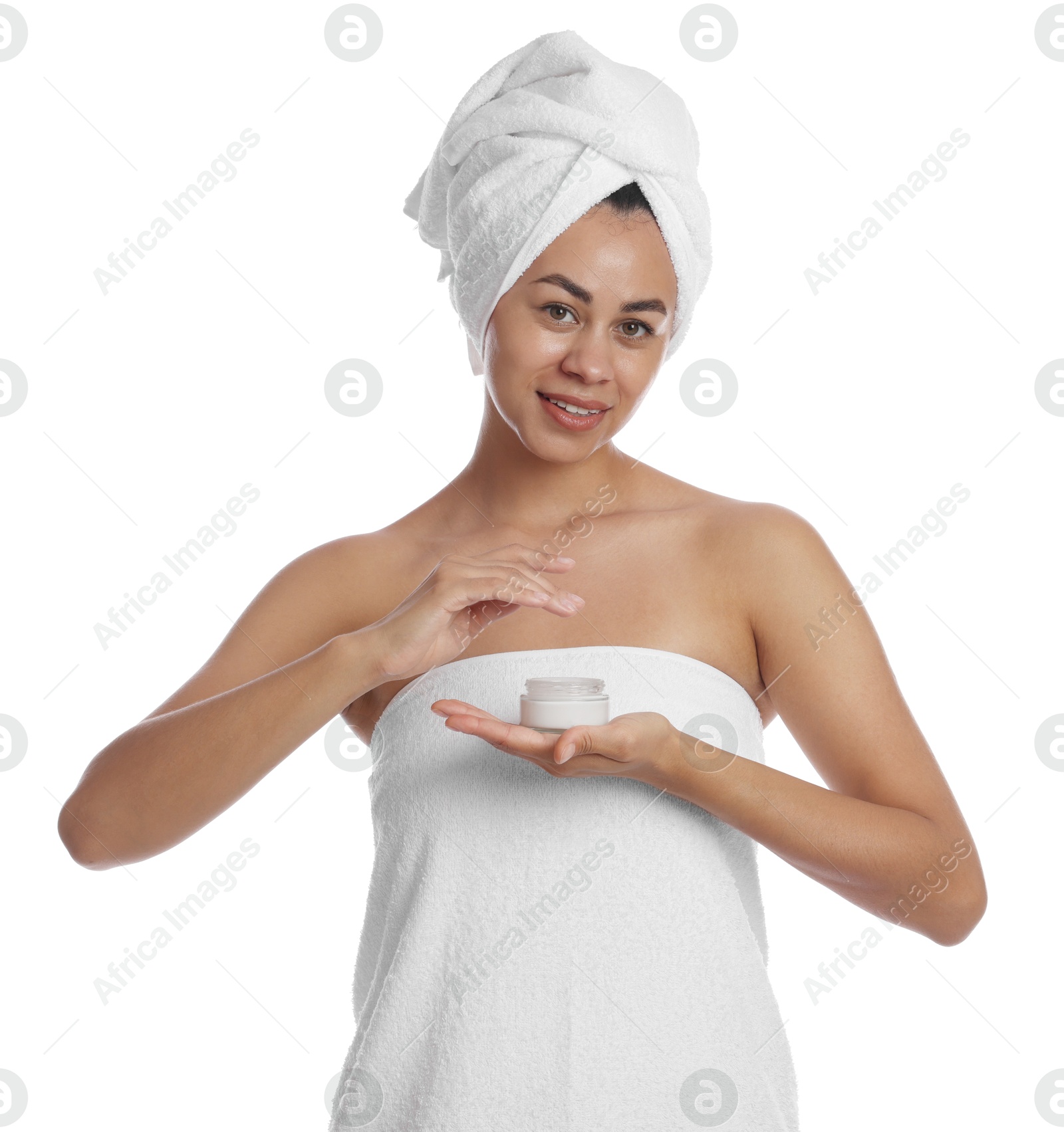 Photo of Beautiful woman with jar of cream on white background