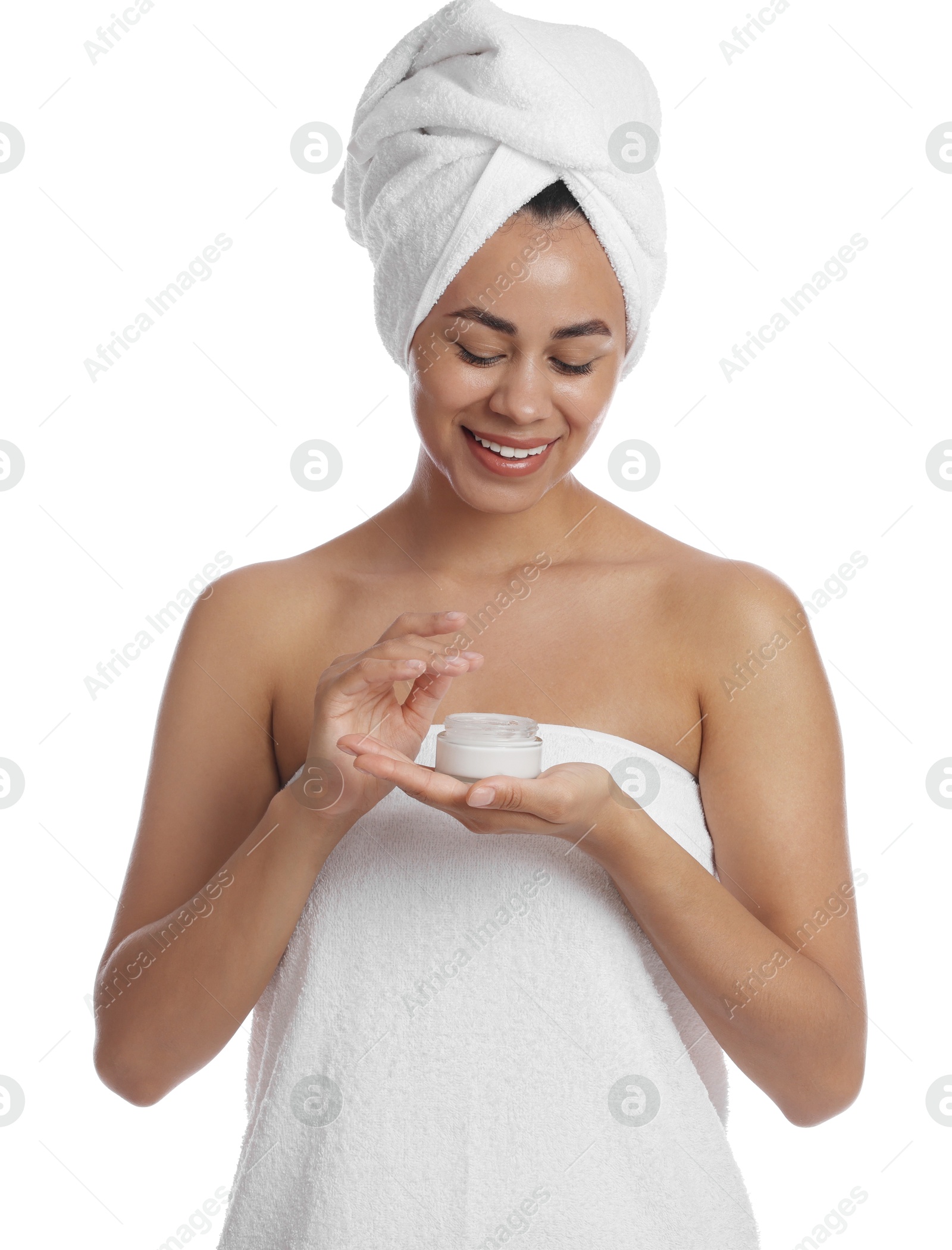 Photo of Beautiful woman with jar of cream on white background