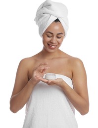 Photo of Beautiful woman with jar of cream on white background