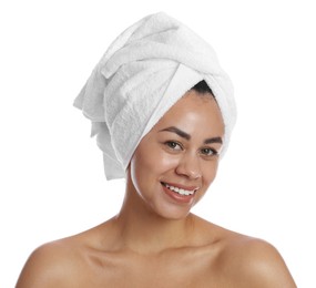 Photo of Beautiful young woman with towel on head against white background