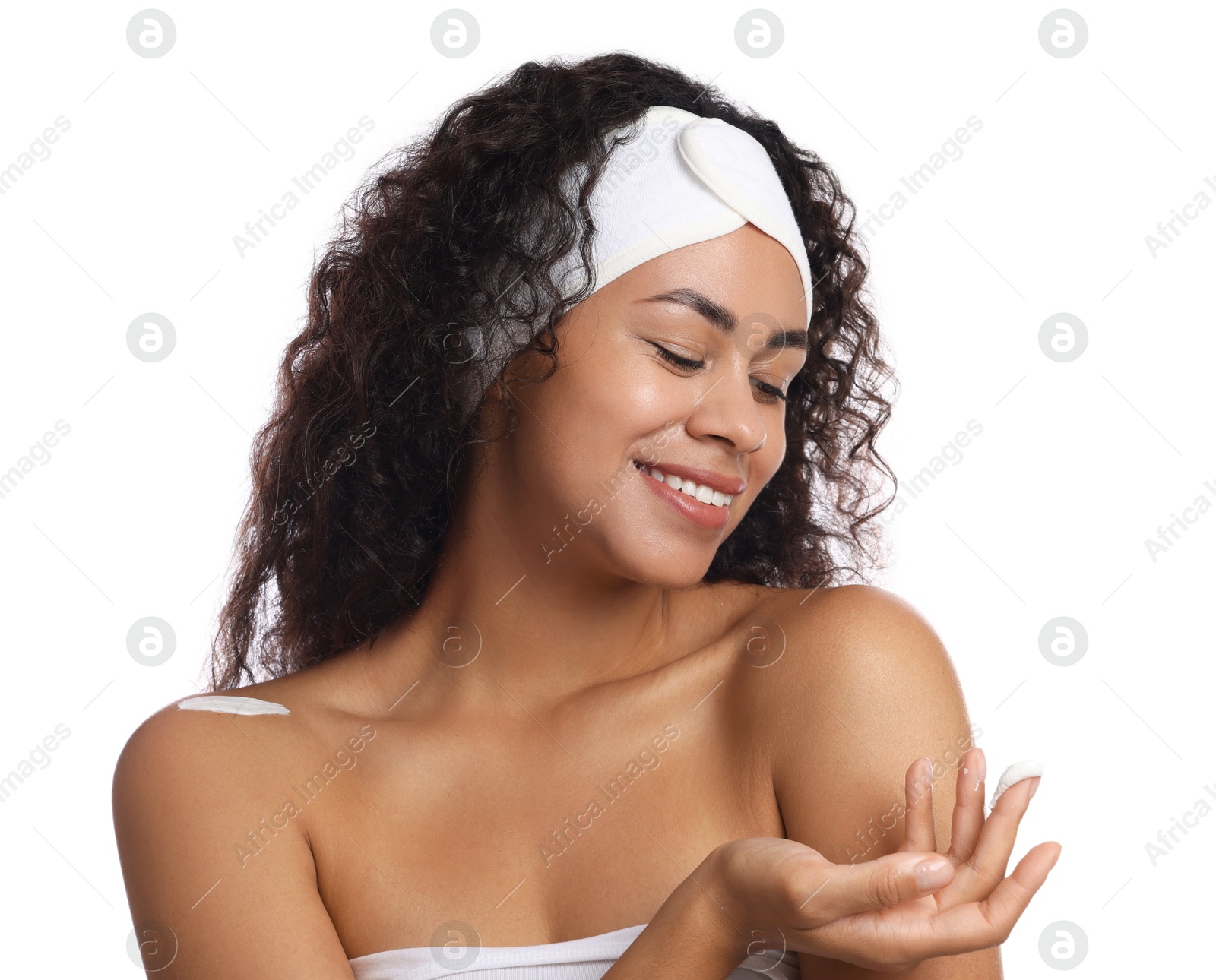 Photo of Beautiful woman with cream against white background