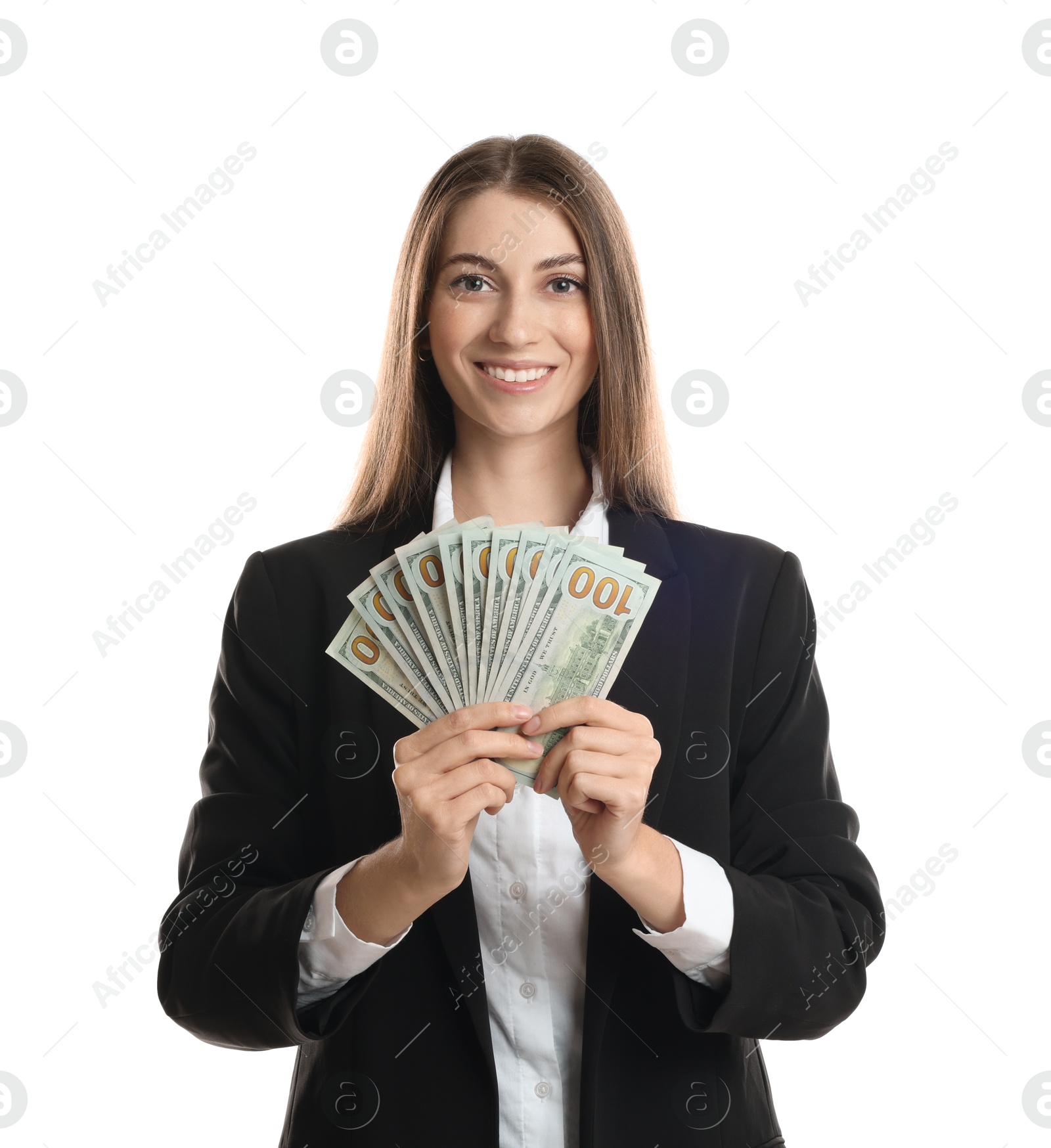 Photo of Portrait of banker with dollar banknotes on white background