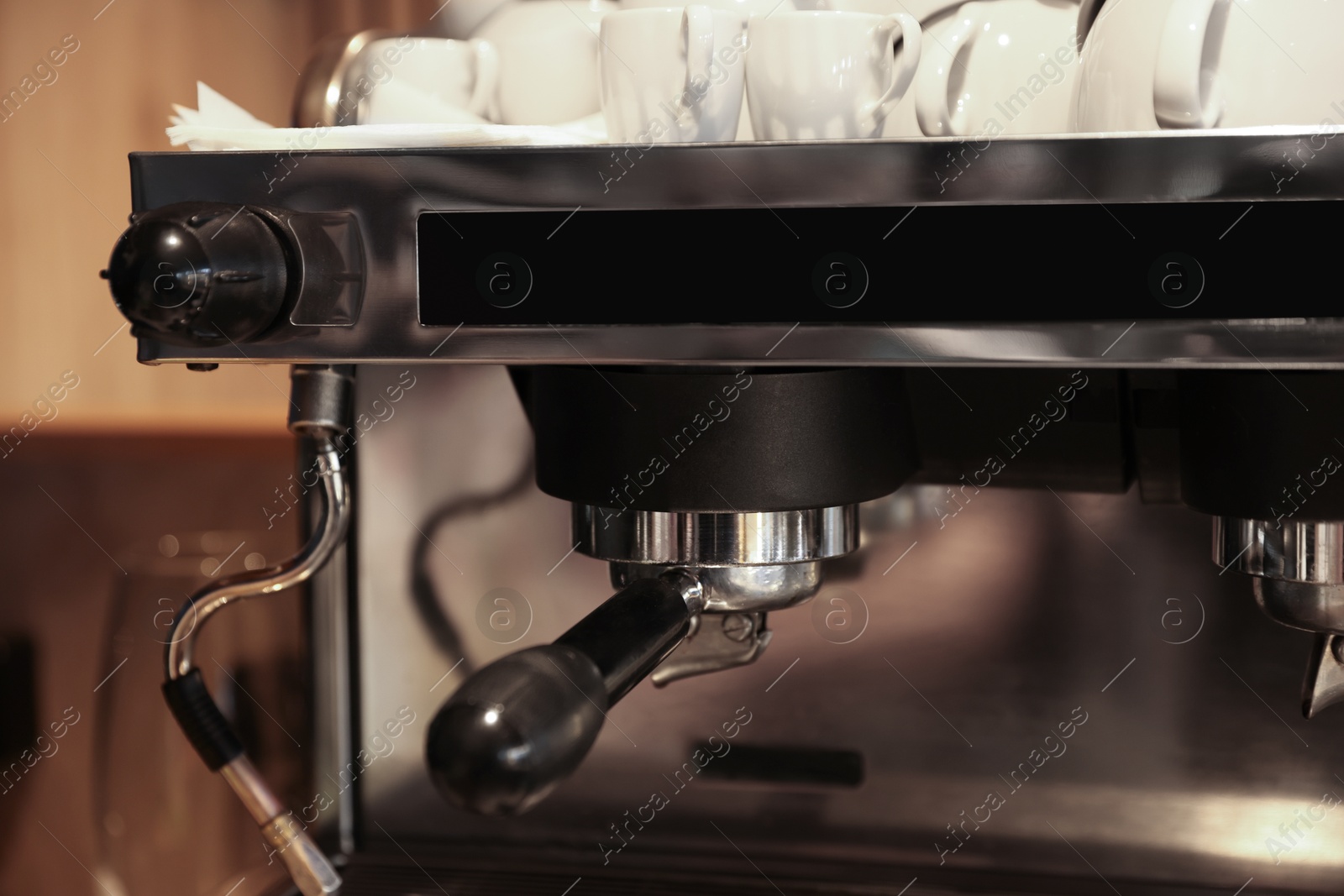 Photo of Professional coffee machine in cafe, closeup view