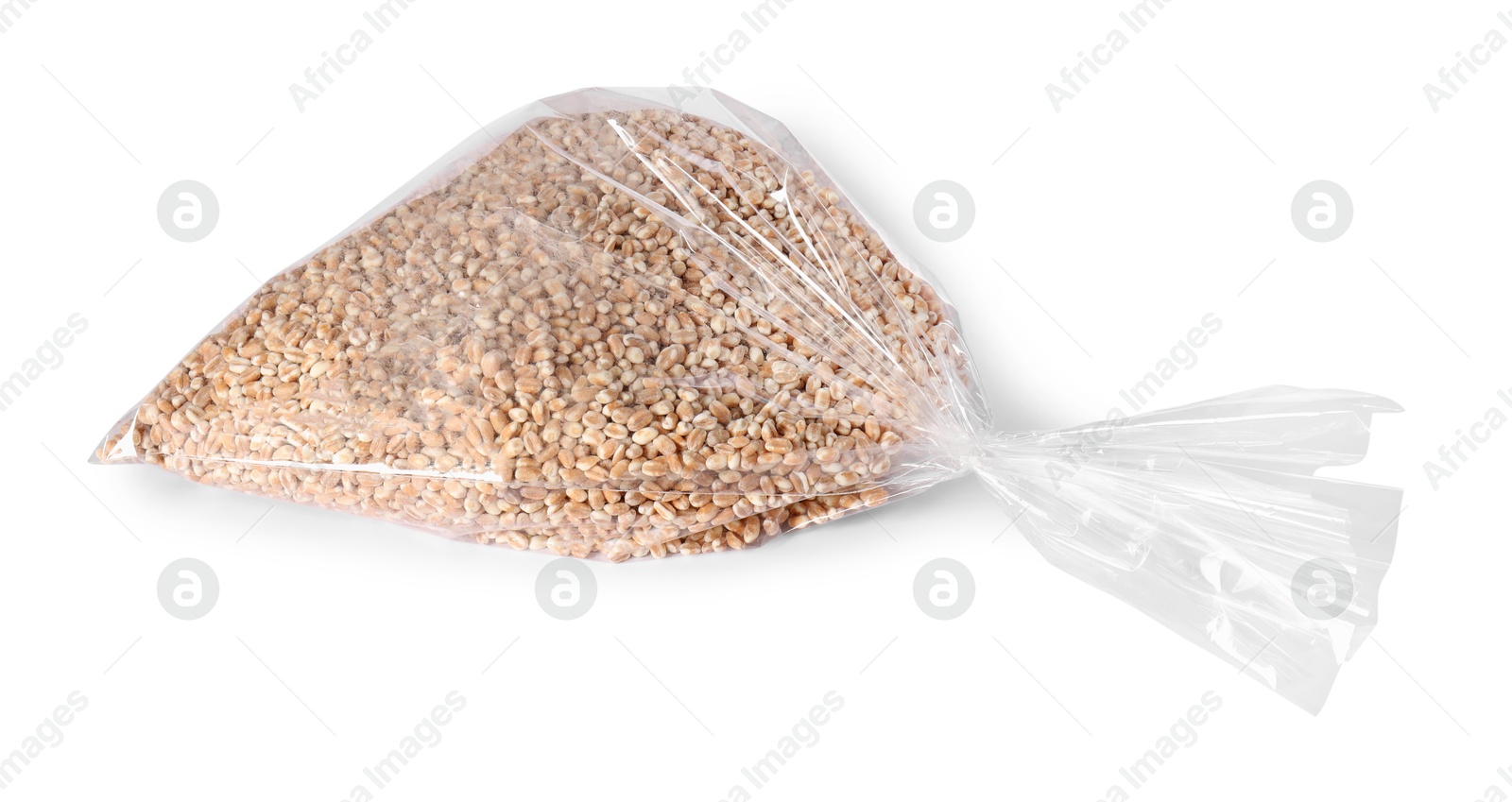 Photo of Plastic bag with wheat grains isolated on white