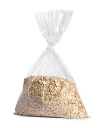 Photo of Plastic bag with oat flakes isolated on white