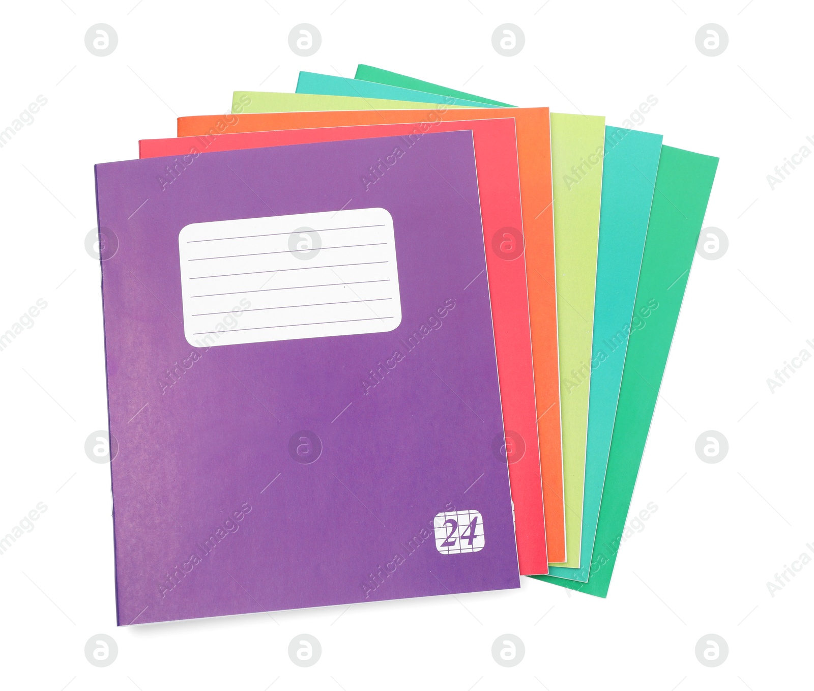 Photo of Colorful copybooks isolated on white, top view. School stationery