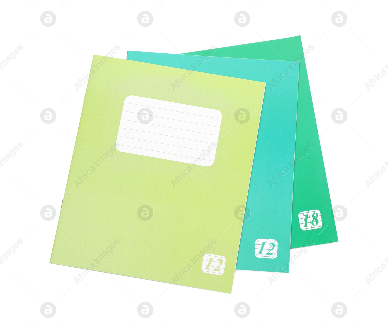 Photo of Colorful copybooks isolated on white, top view. School stationery