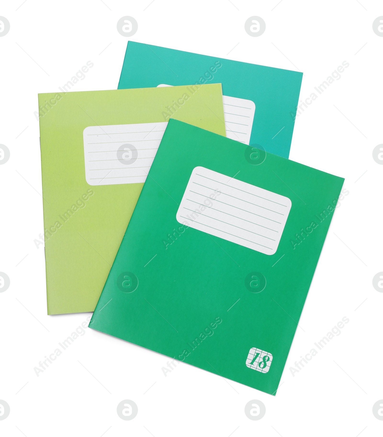 Photo of Colorful copybooks isolated on white, top view. School stationery