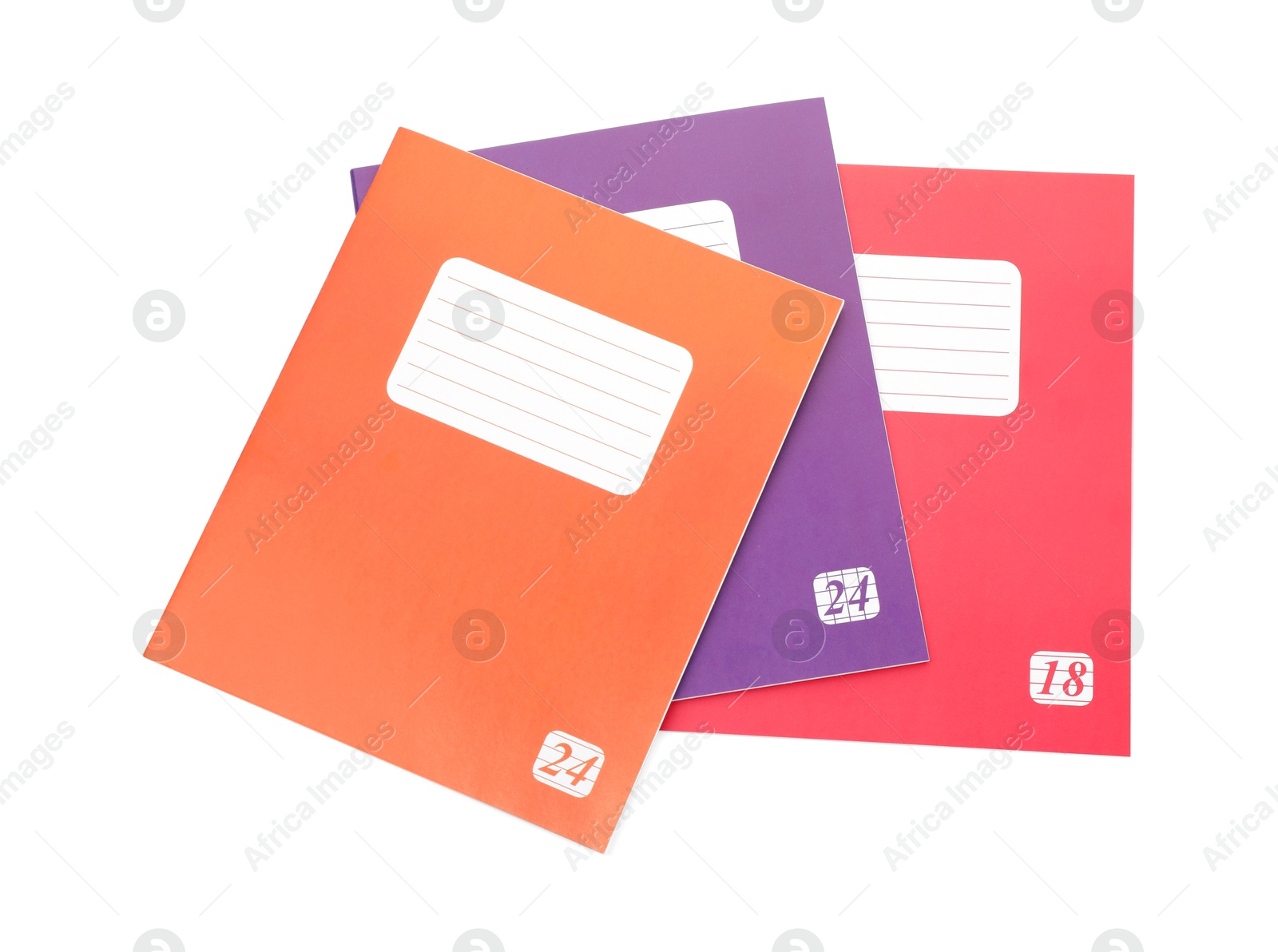 Photo of Colorful copybooks isolated on white, top view. School stationery