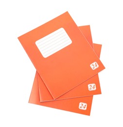 Photo of Orange copybooks isolated on white, top view. School stationery