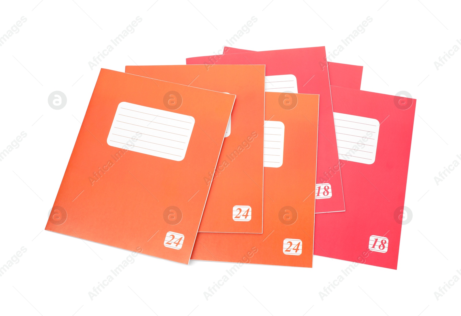 Photo of Colorful copybooks isolated on white, top view. School stationery