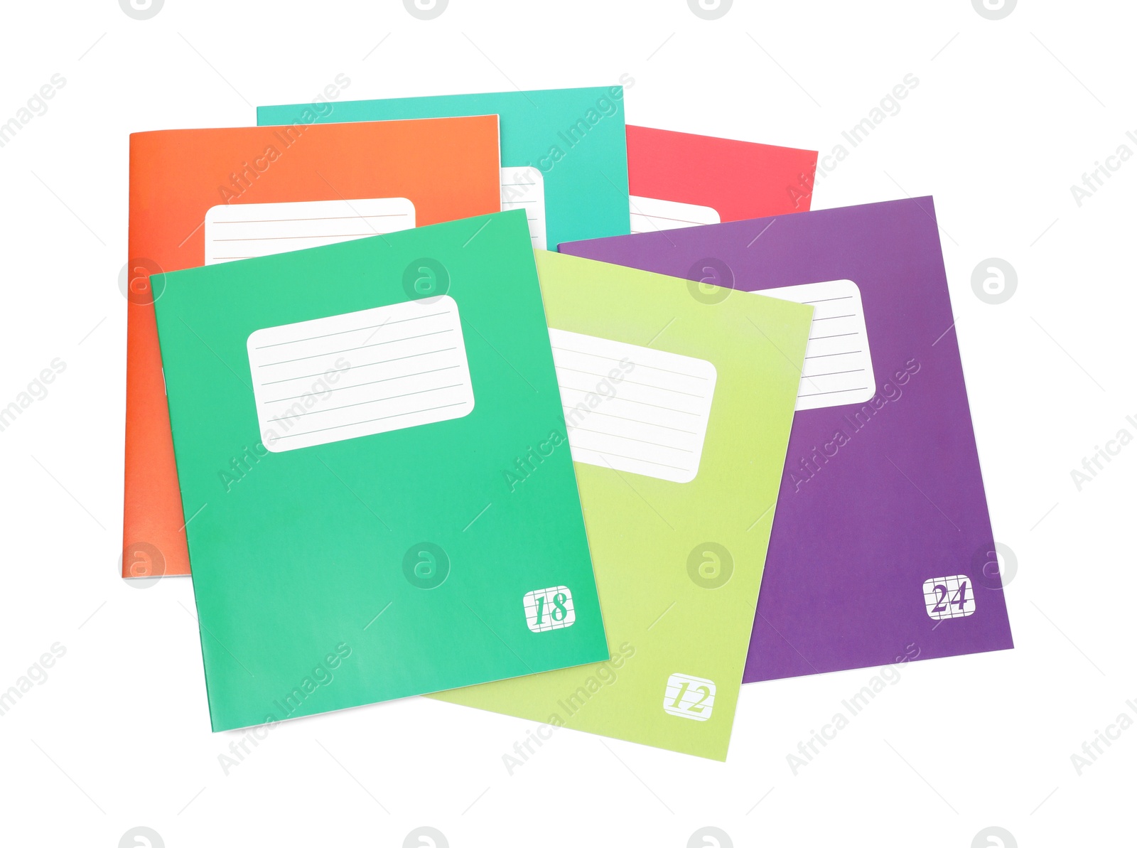 Photo of Colorful copybooks isolated on white, top view. School stationery