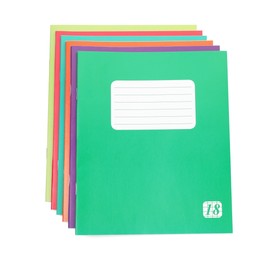 Photo of Colorful copybooks isolated on white, top view. School stationery