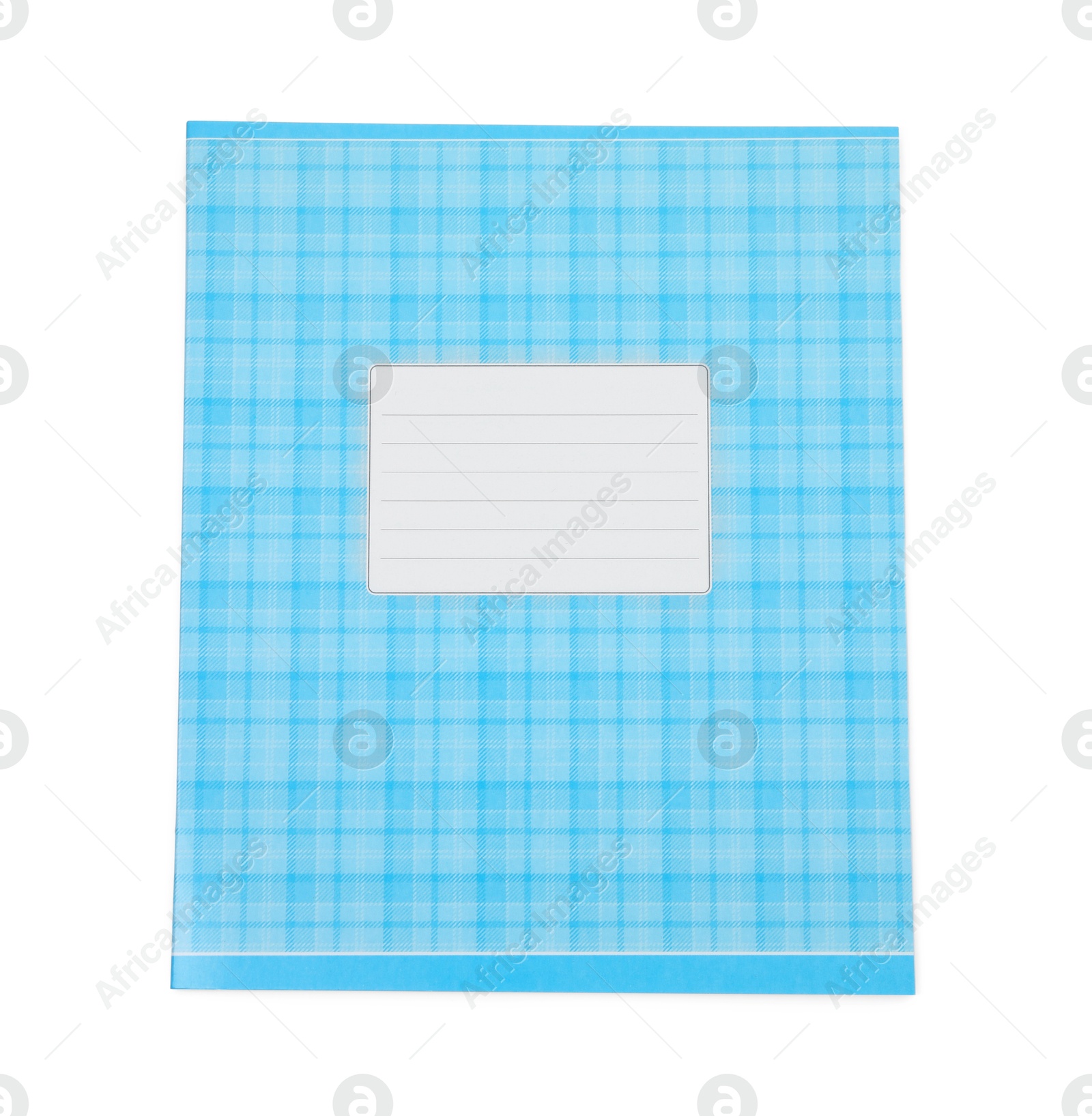 Photo of One blue copybook isolated on white, top view. School stationery