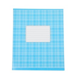 Photo of One blue copybook isolated on white, top view. School stationery