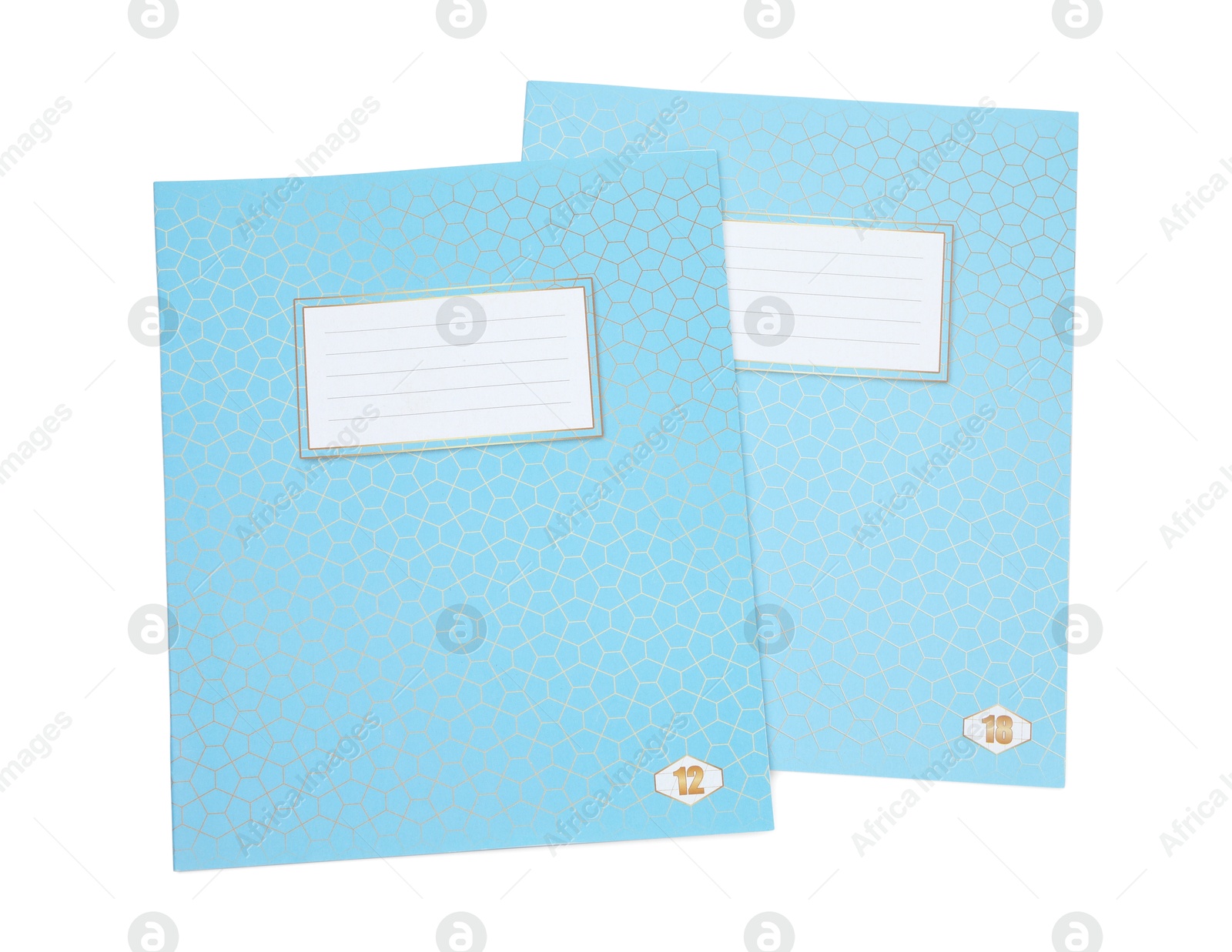 Photo of Blue copybooks isolated on white, top view. School stationery