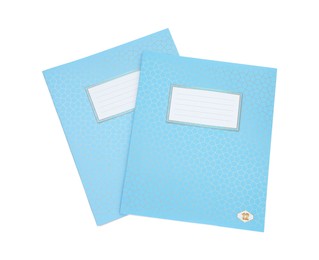 Photo of Blue copybooks isolated on white, top view. School stationery