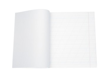 Photo of One open copybook isolated on white, top view. School stationery