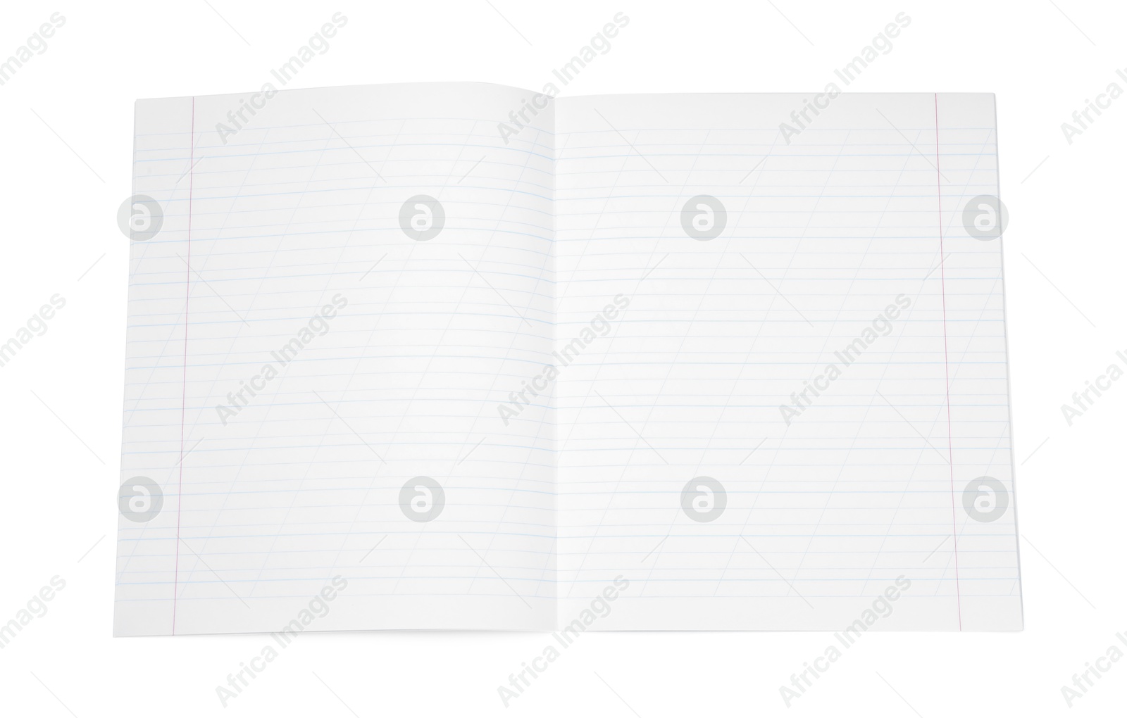 Photo of One open copybook isolated on white, top view. School stationery