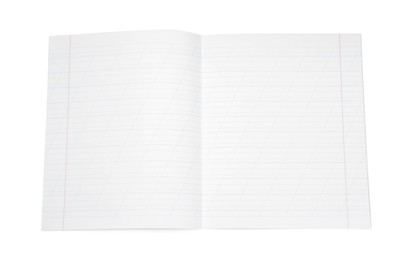 Photo of One open copybook isolated on white, top view. School stationery