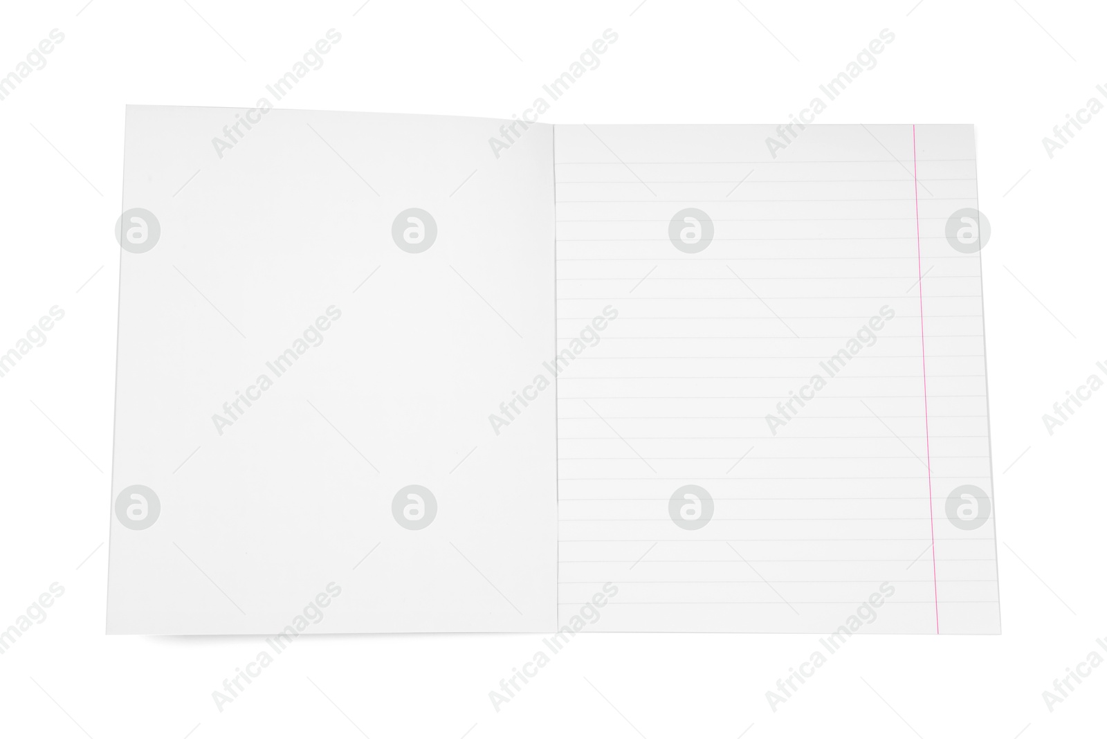 Photo of One open copybook isolated on white, top view. School stationery