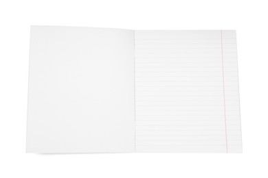 Photo of One open copybook isolated on white, top view. School stationery