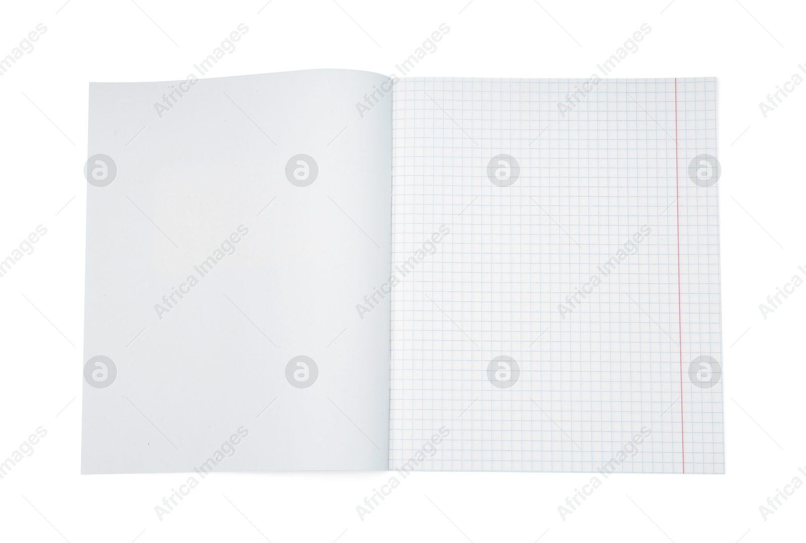 Photo of One open copybook isolated on white, top view. School stationery