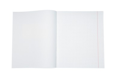 Photo of One open copybook isolated on white, top view. School stationery