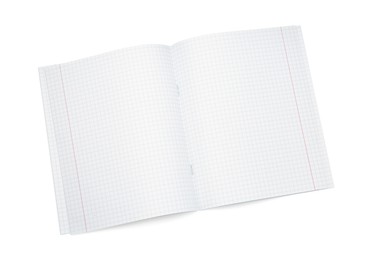 Photo of One open copybook isolated on white, top view. School stationery