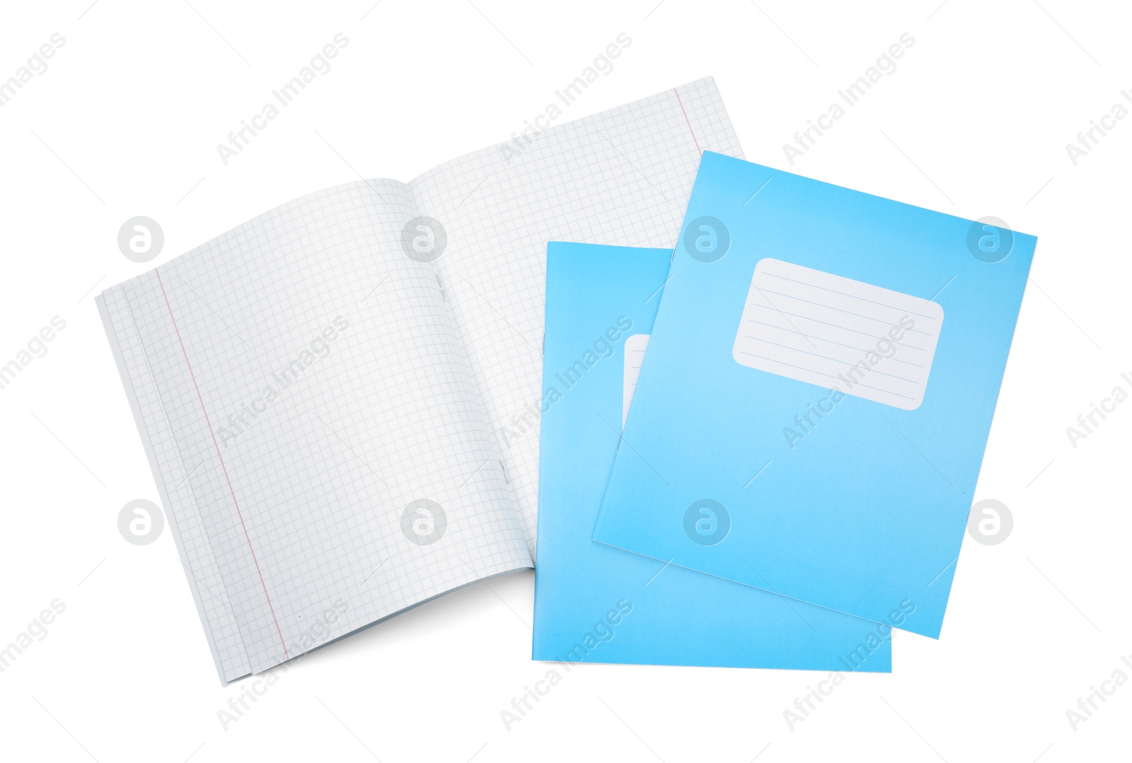 Photo of Copybooks isolated on white, top view. School stationery