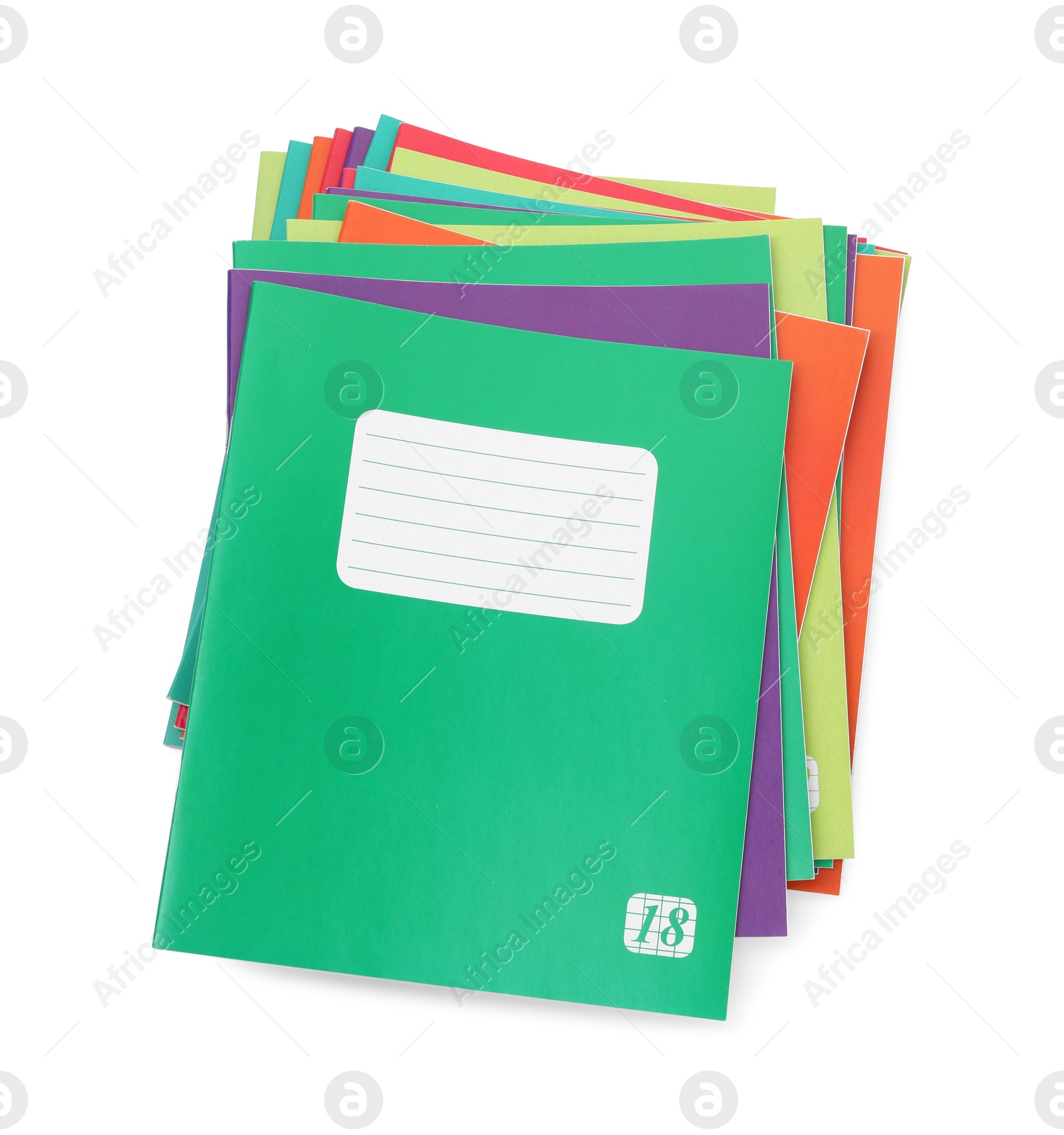 Photo of Stack of colorful copybooks isolated on white, top view. School stationery