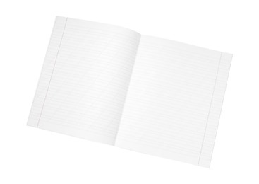 Photo of One open copybook isolated on white, top view. School stationery