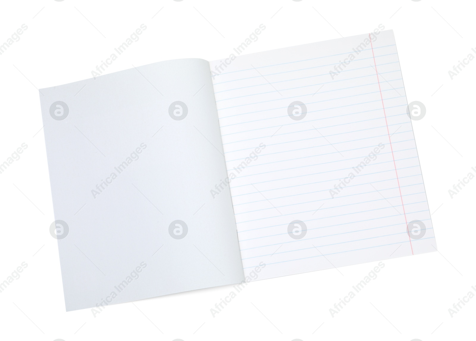 Photo of One open copybook isolated on white, top view. School stationery