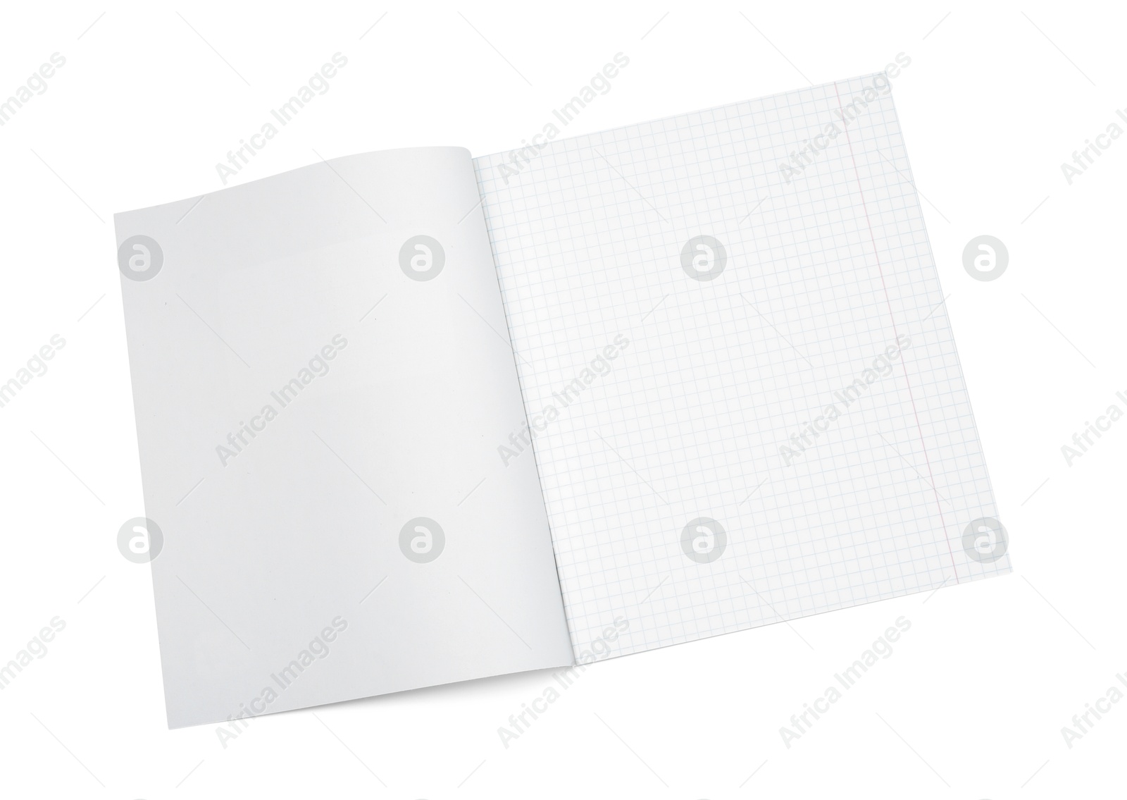 Photo of One open copybook isolated on white, top view. School stationery